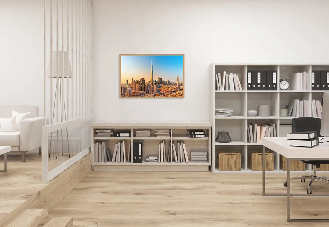 Metalen Magneetbord met afbeelding van Dubai skyline bij zonsondergang in warm goud kleuren
