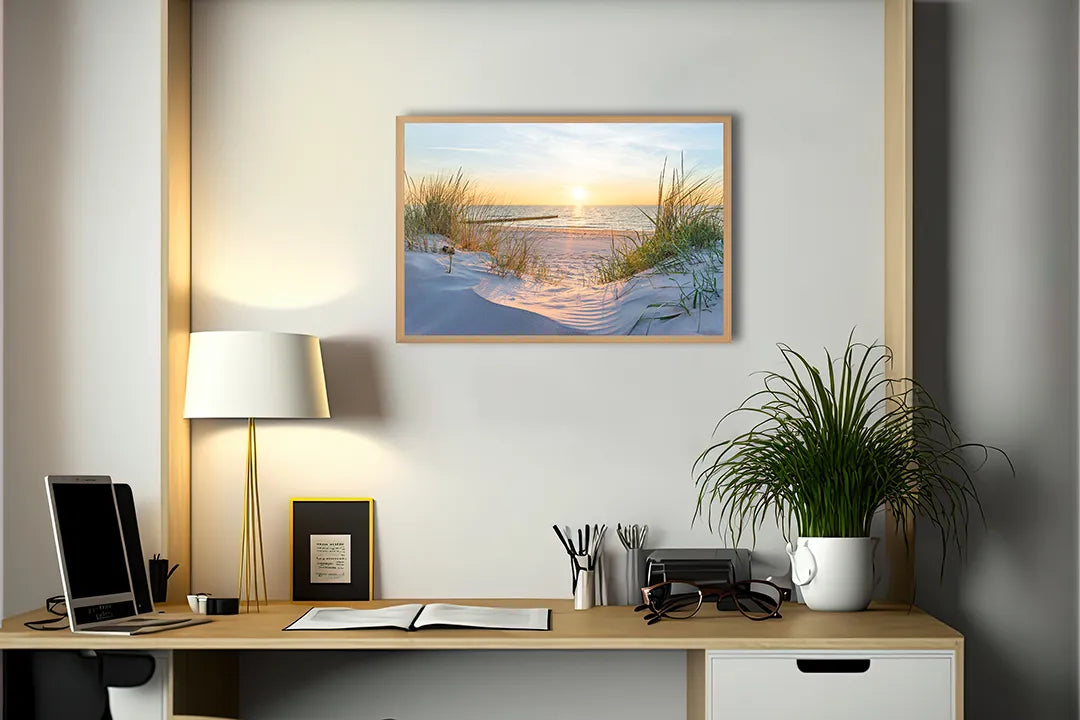 Metalen Magneetbord met afbeelding van zonsondergang over het strand in warme pastelkleuren kleuren