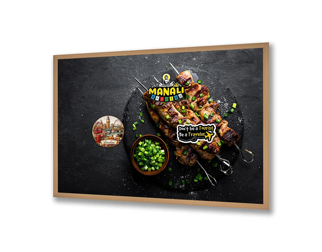 Metalen Magneetbord met afbeelding van vleesspiezen op donker leisteen in donker robuust kleuren