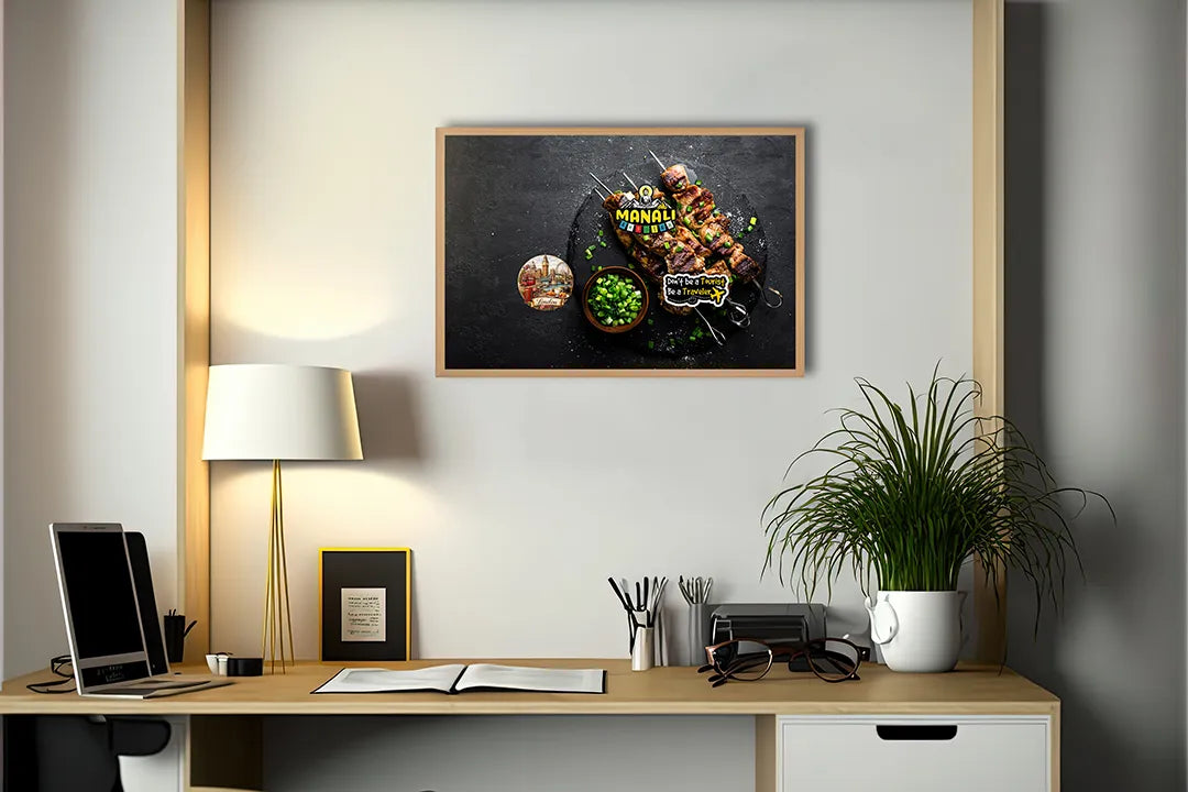 Metalen Magneetbord met afbeelding van vleesspiezen op donker leisteen in donker robuust kleuren