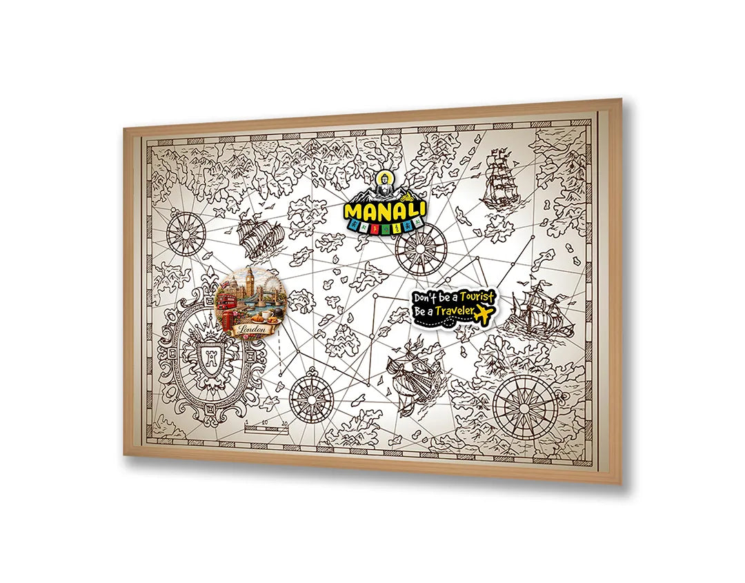Metalen Magneetbord met afbeelding van tekeningen van piratenkaart elementen in sepia en bruin kleuren