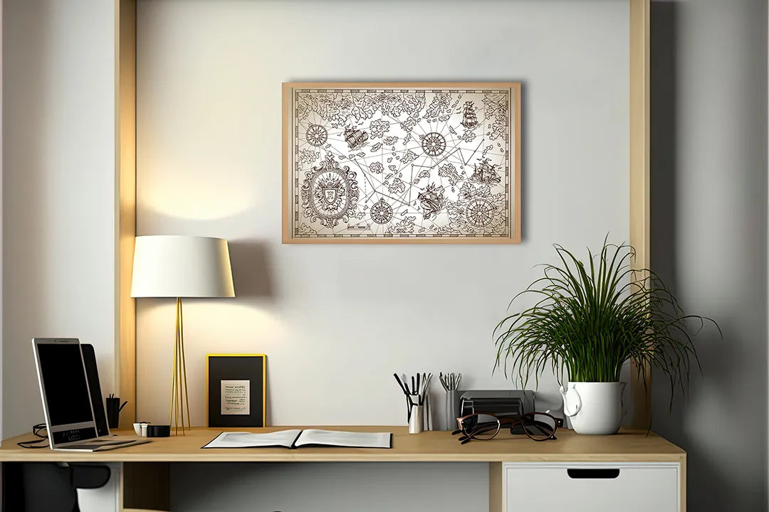 Metalen Magneetbord met afbeelding van tekeningen van piratenkaart elementen in sepia en bruin kleuren