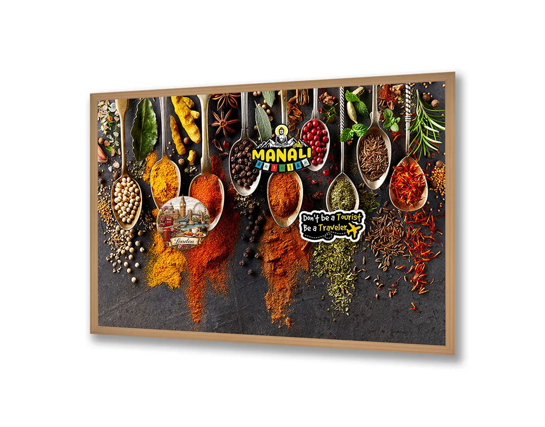 Metalen Magneetbord met afbeelding van lepels met felgekleurde specerijen in kruidige kleuren kleuren