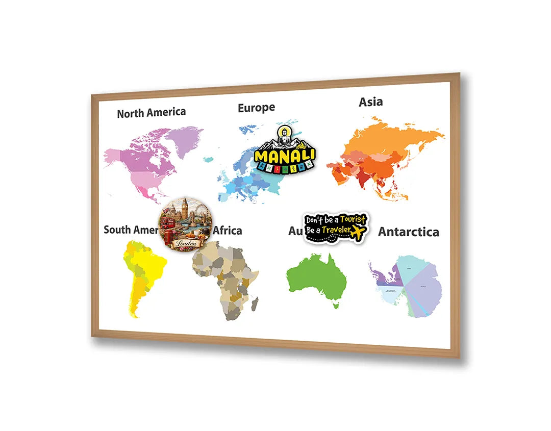 Metalen Magneetbord met afbeelding van kleurrijke werelddelen kaart in heldere kleuren kleuren