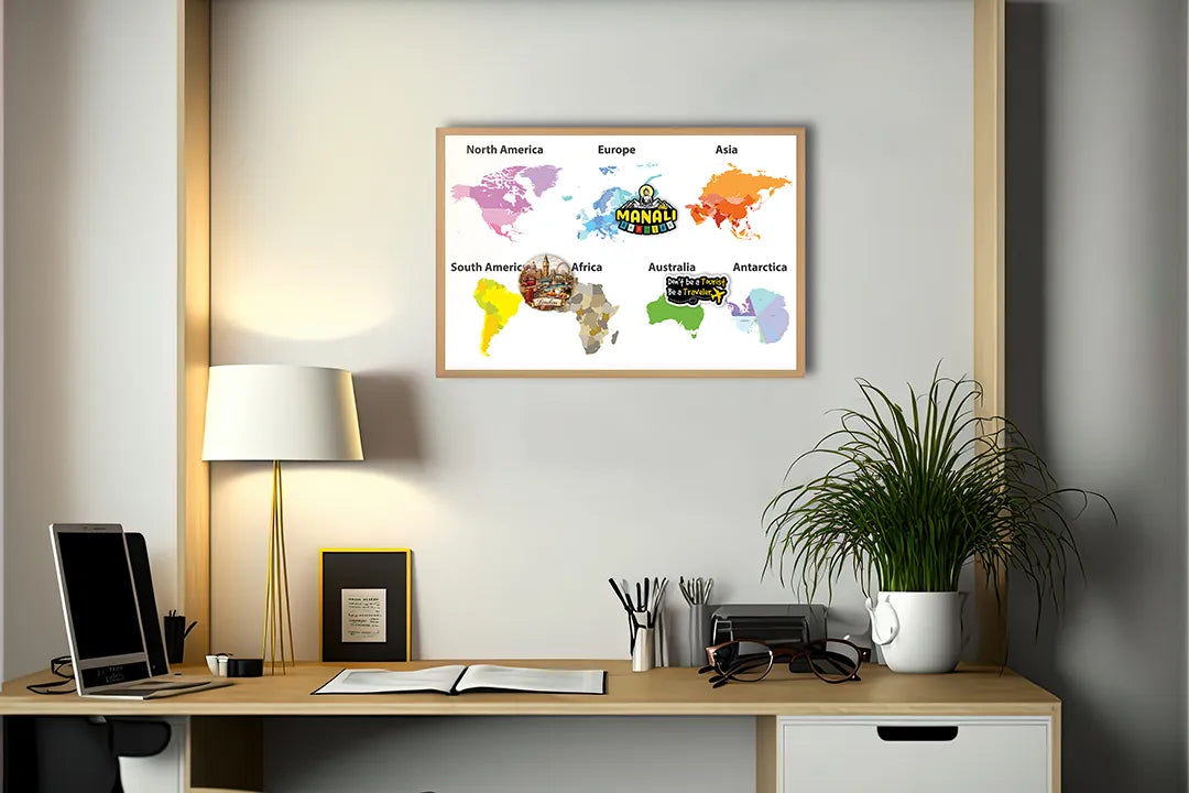 Metalen Magneetbord met afbeelding van kleurrijke werelddelen kaart in heldere kleuren kleuren
