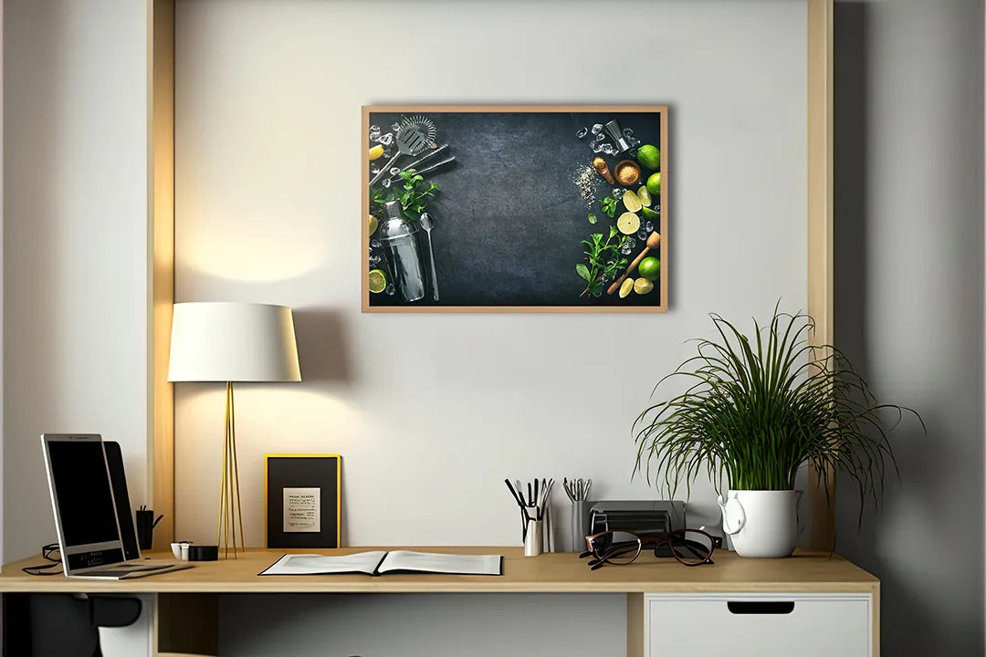 Metalen Magneetbord met afbeelding van verse groenten op een donkere achtergrond in groen en donkergrijs kleuren