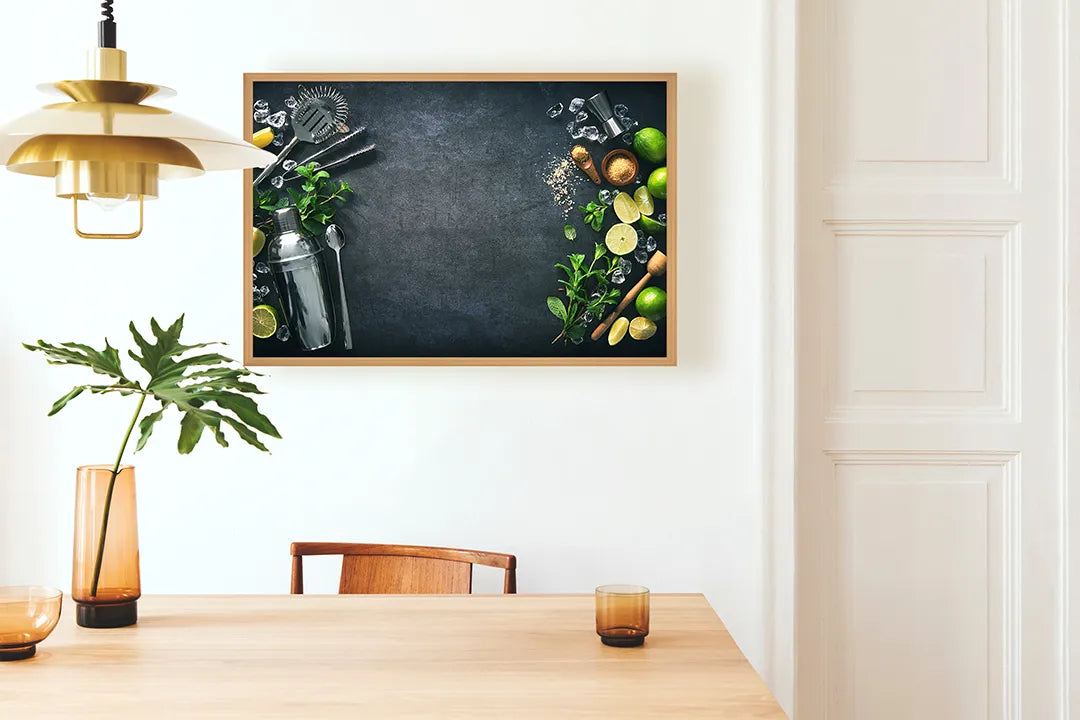 Metalen Magneetbord met afbeelding van verse groenten op een donkere achtergrond in groen en donkergrijs kleuren