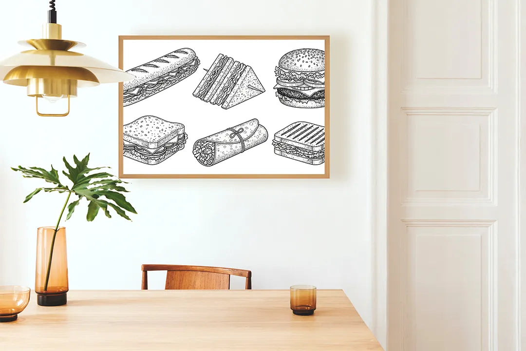 Metalen Magneetbord met print van Broodjes en snacks schets perfect als decoratie
