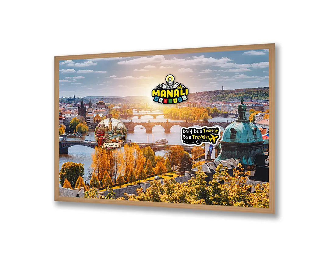 Metalen Magneetbord met afbeelding van zonsondergang over een brug in Praag in warm stadslicht kleuren