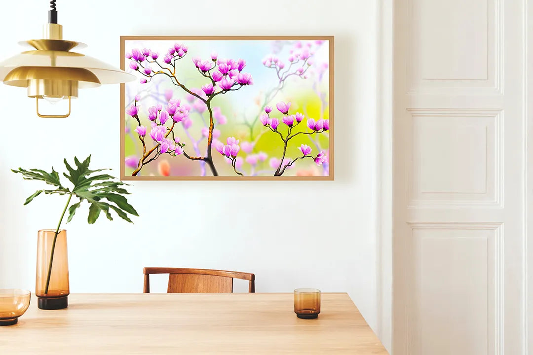 Metalen Magneetbord met afbeelding van tak met roze bloesem in zacht roze kleuren