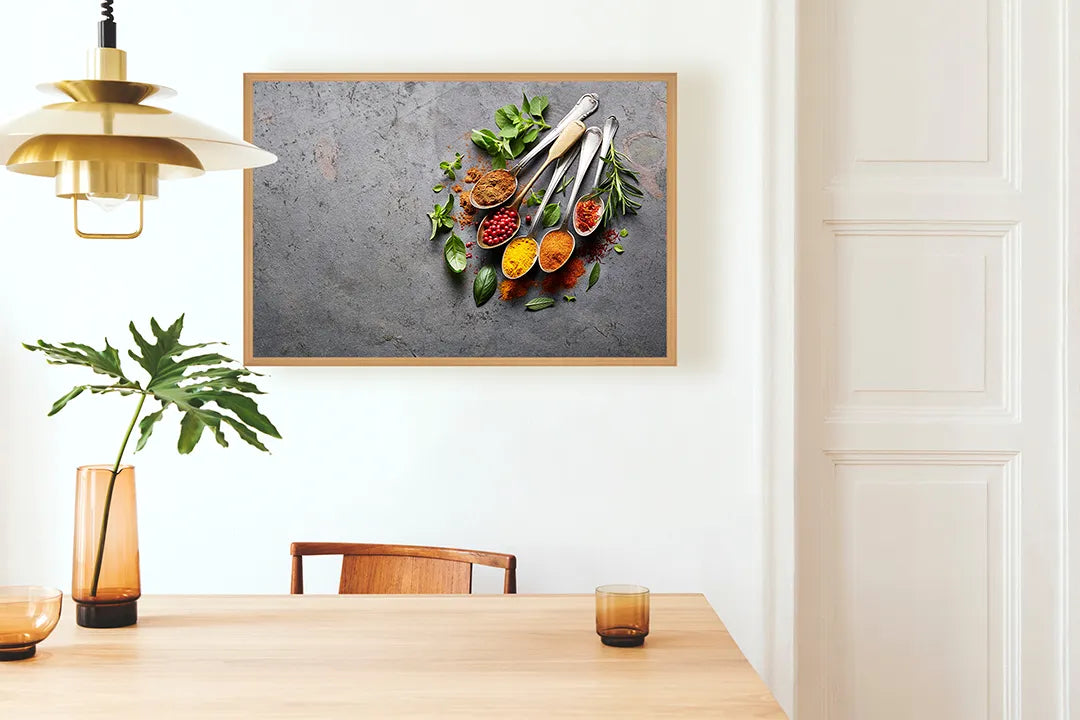 Metalen Magneetbord met afbeelding van ingrediënten en kookgerei in grijs en rood kleuren