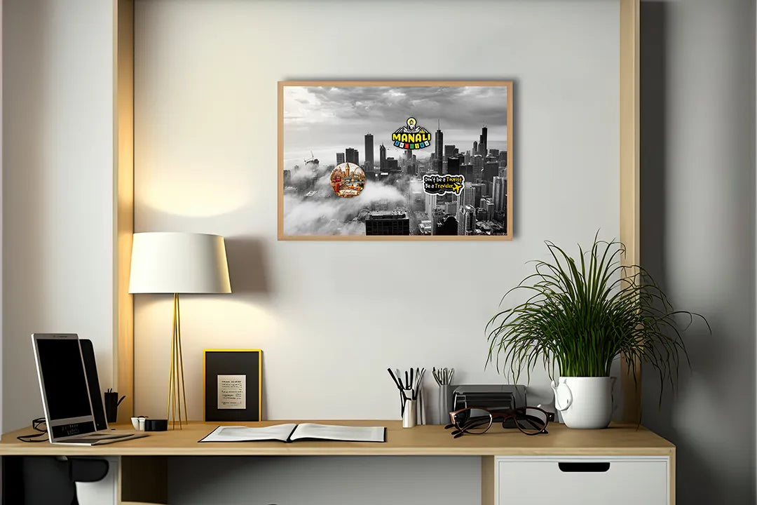 Metalen Magneetbord met afbeelding van New York skyline boven de wolken in zwart-wit kleuren