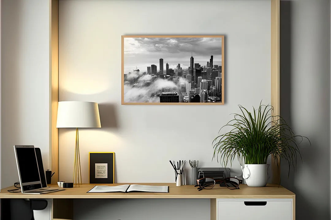 Metalen Magneetbord met afbeelding van New York skyline boven de wolken in zwart-wit kleuren