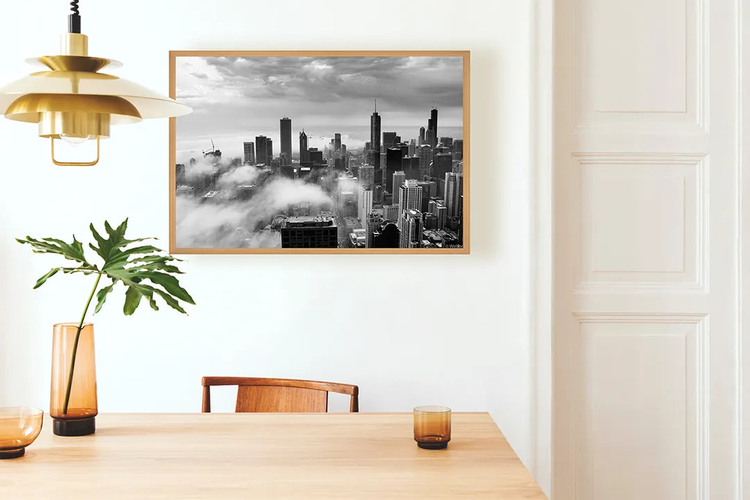 Metalen Magneetbord met afbeelding van New York skyline boven de wolken in zwart-wit kleuren