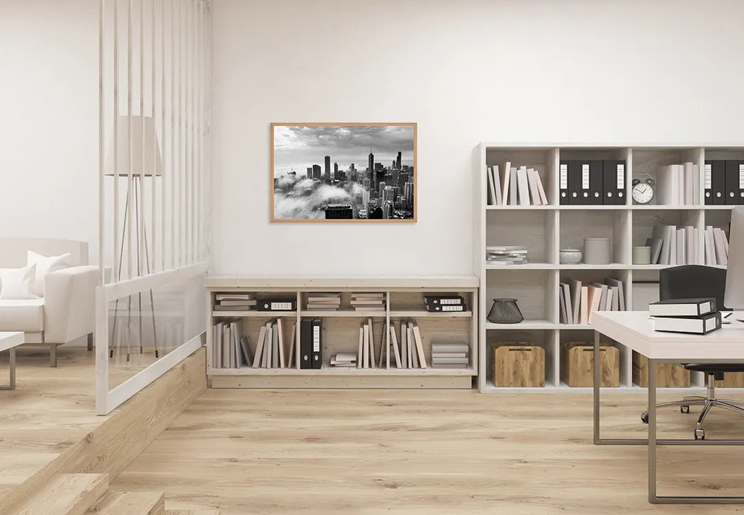 Metalen Magneetbord met afbeelding van New York skyline boven de wolken in zwart-wit kleuren