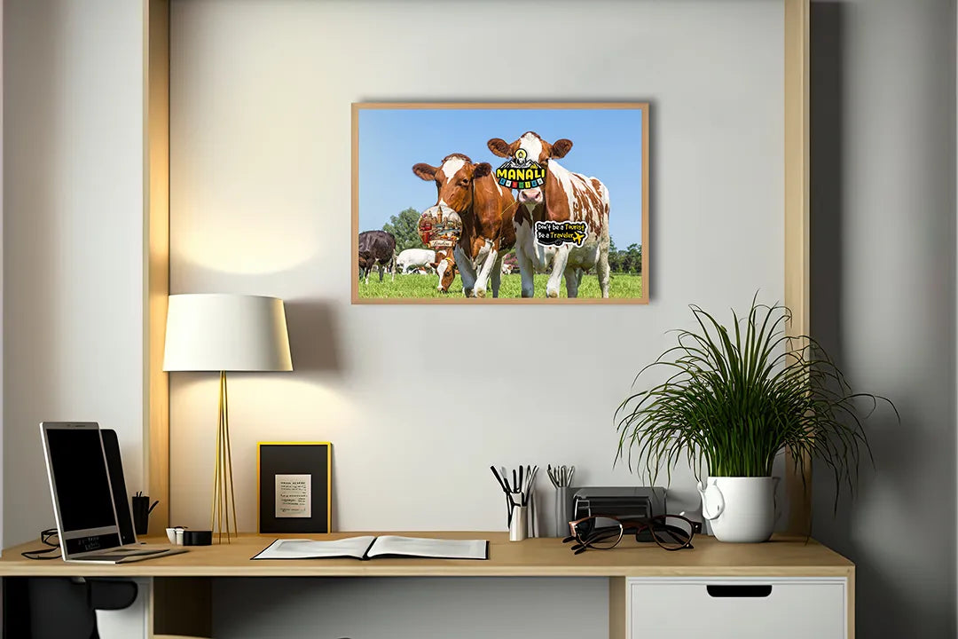 Metalen Magneetbord met afbeelding van bruine koeien in groen grasland in landelijk groen en bruin kleuren