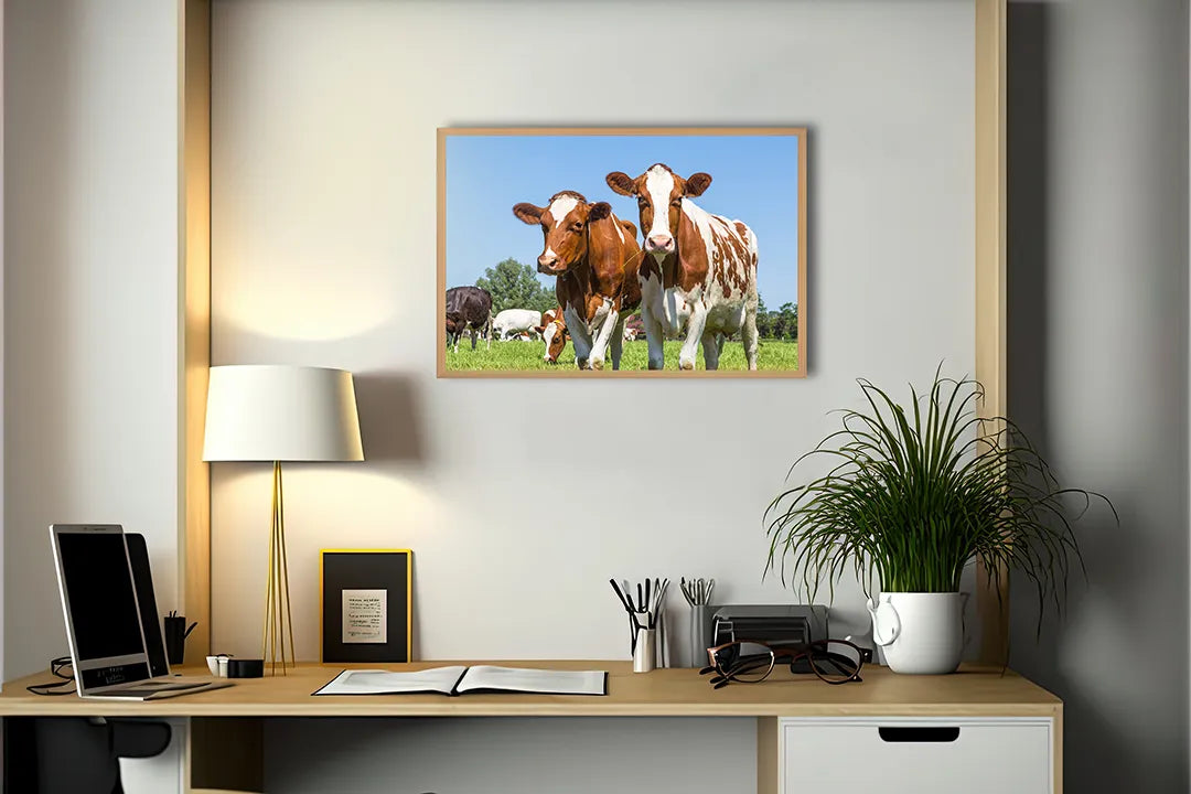Metalen Magneetbord met afbeelding van bruine koeien in groen grasland in landelijk groen en bruin kleuren
