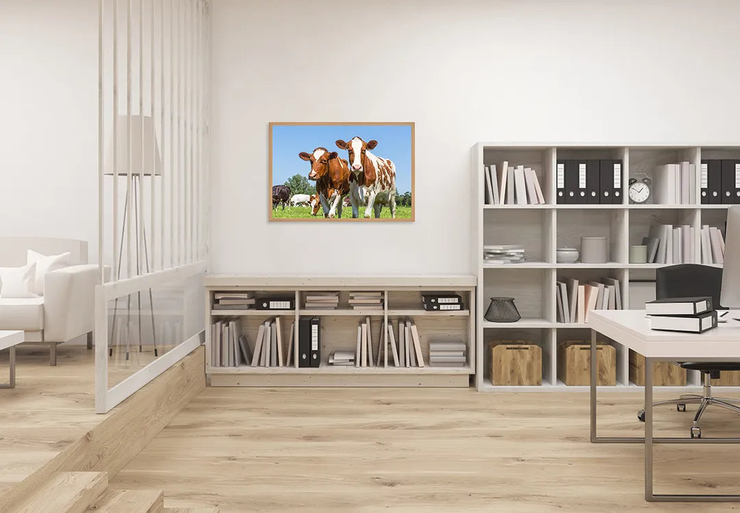 Metalen Magneetbord met afbeelding van bruine koeien in groen grasland in landelijk groen en bruin kleuren
