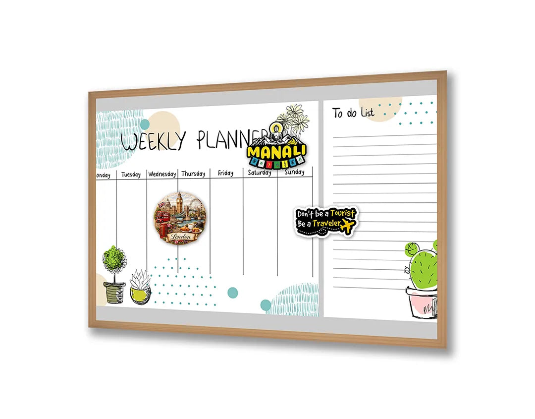 Metalen Magneetbord met afbeelding van weekplanner met schattige cactussen in wit met pastel groen kleuren