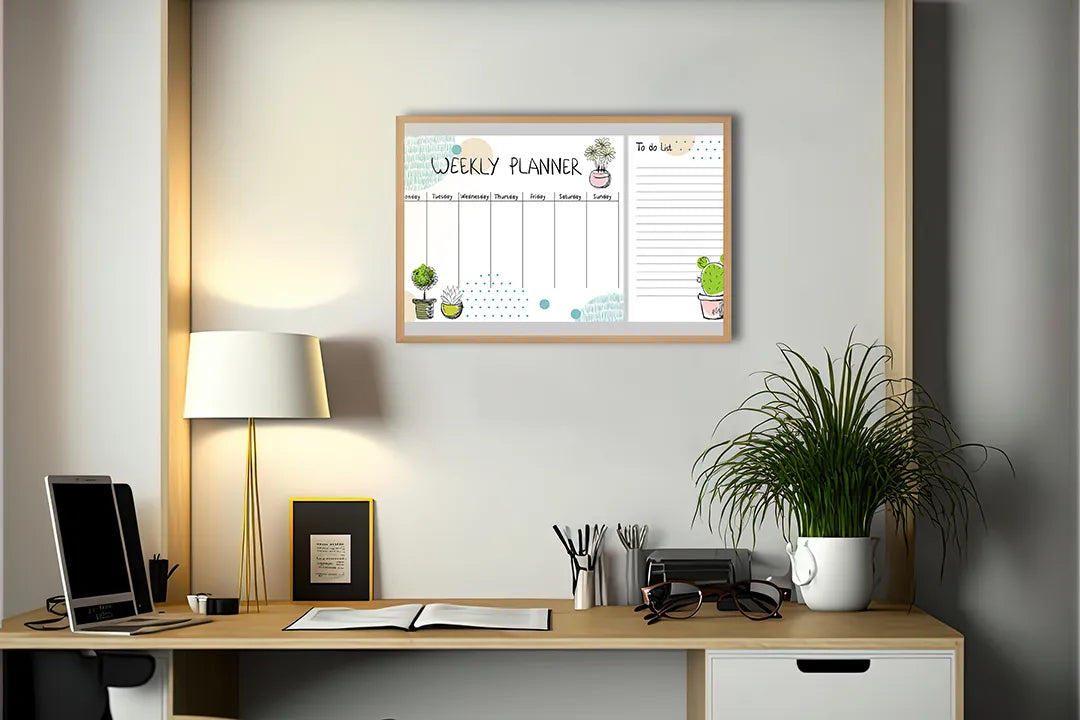 Metalen Magneetbord met afbeelding van weekplanner met schattige cactussen in wit met pastel groen kleuren