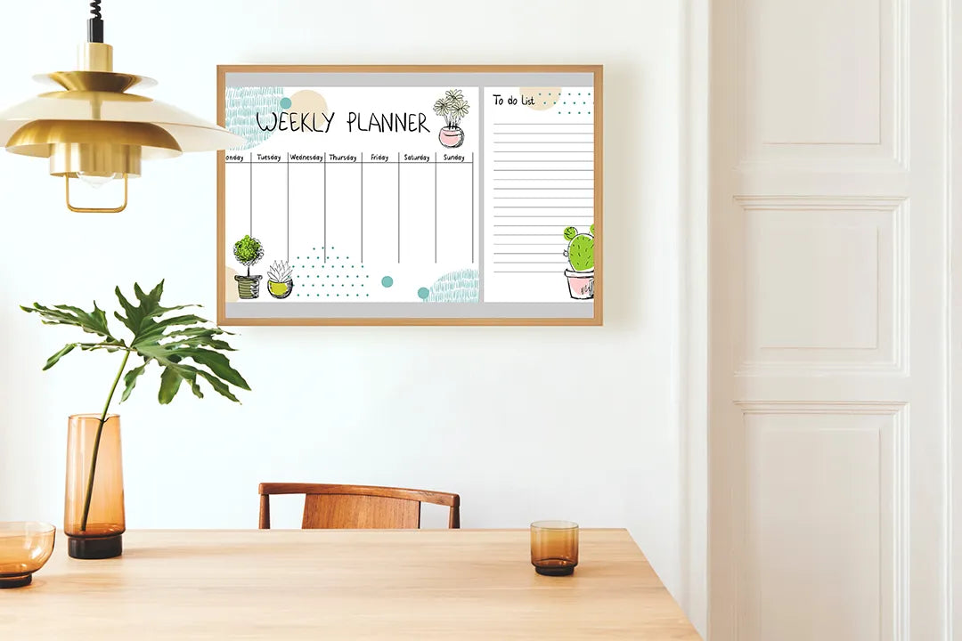 Metalen Magneetbord met afbeelding van weekplanner met schattige cactussen in wit met pastel groen kleuren