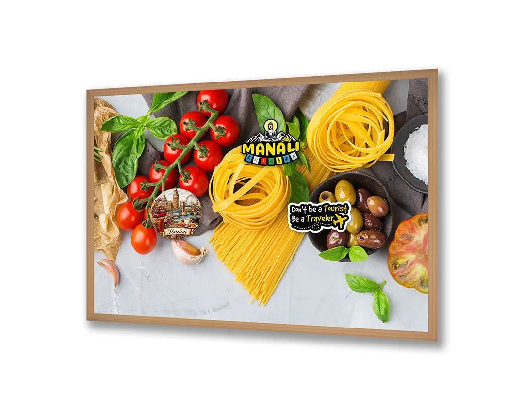 Metalen Magneetbord met afbeelding van pasta ingrediënten en tomaten in vers rood en geel kleuren