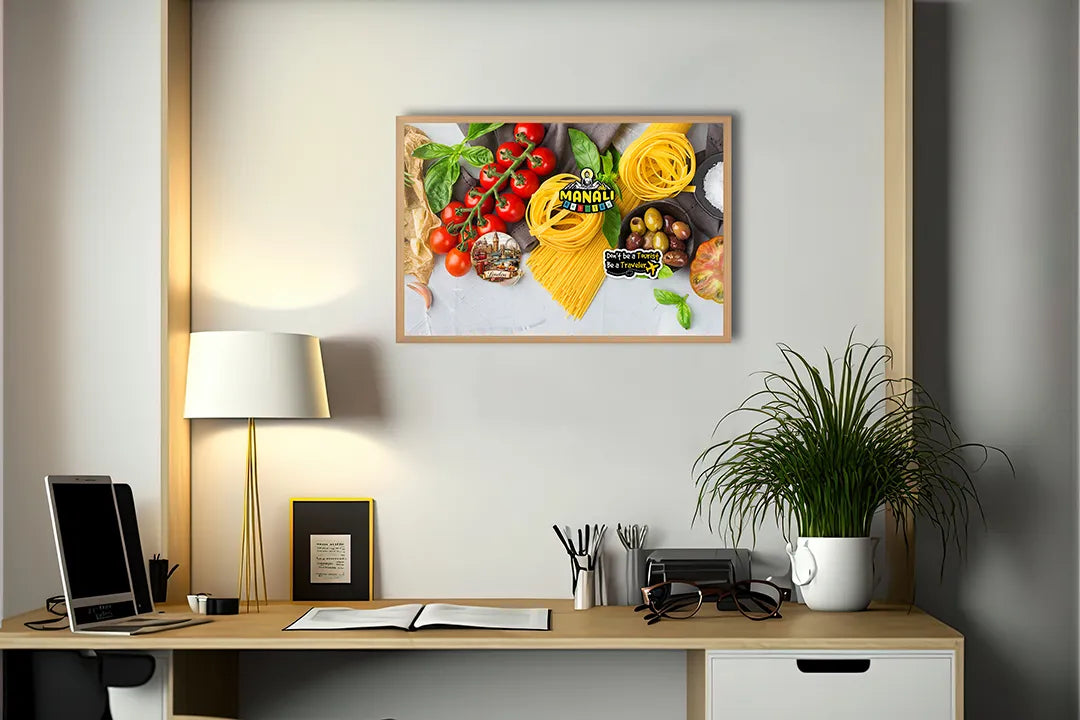 Metalen Magneetbord met afbeelding van pasta ingrediënten en tomaten in vers rood en geel kleuren