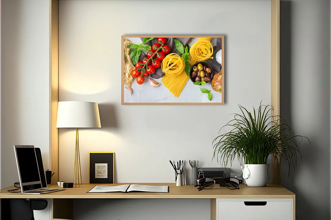 Metalen Magneetbord met afbeelding van pasta ingrediënten en tomaten in vers rood en geel kleuren