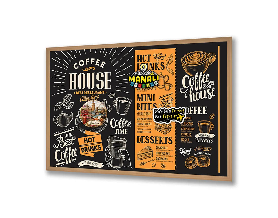 Metalen Magneetbord met afbeelding van koffiehuis krijtbord menu in zwart en oranje kleuren