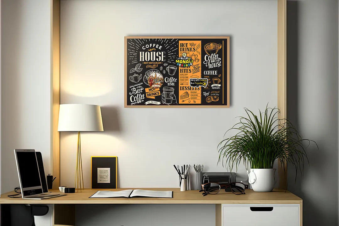 Metalen Magneetbord met afbeelding van koffiehuis krijtbord menu in zwart en oranje kleuren