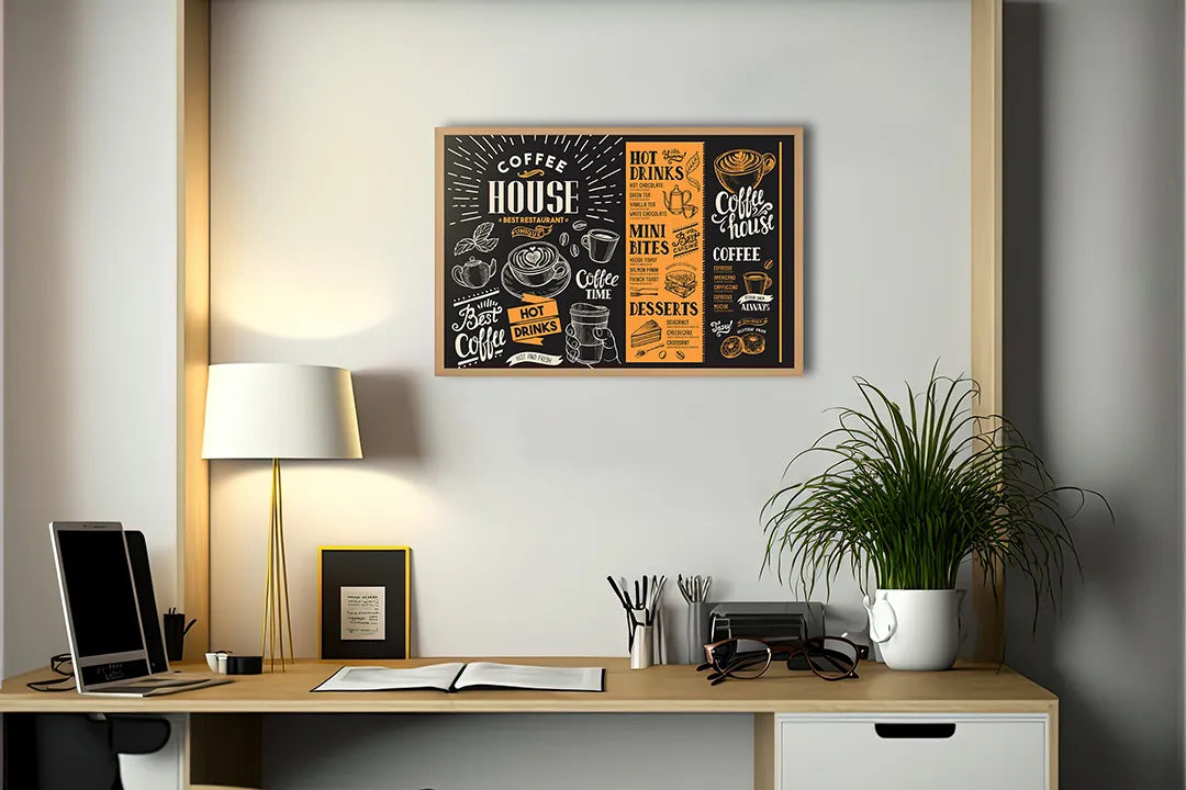 Metalen Magneetbord met afbeelding van koffiehuis krijtbord menu in zwart en oranje kleuren
