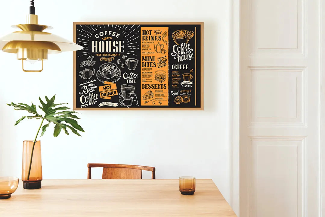 Metalen Magneetbord met afbeelding van koffiehuis krijtbord menu in zwart en oranje kleuren