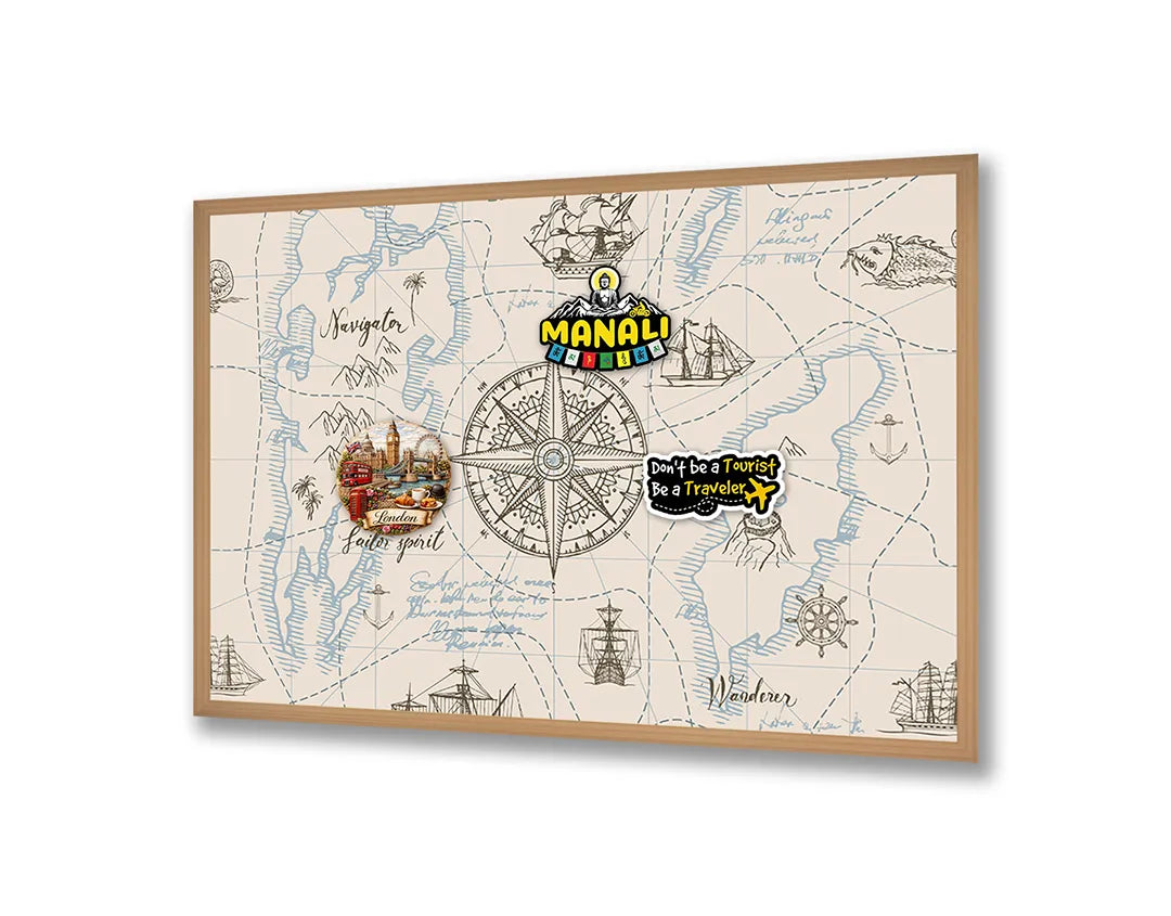 Metalen Magneetbord met afbeelding van vintage maritiem kompas met kaart in oud perkament kleuren