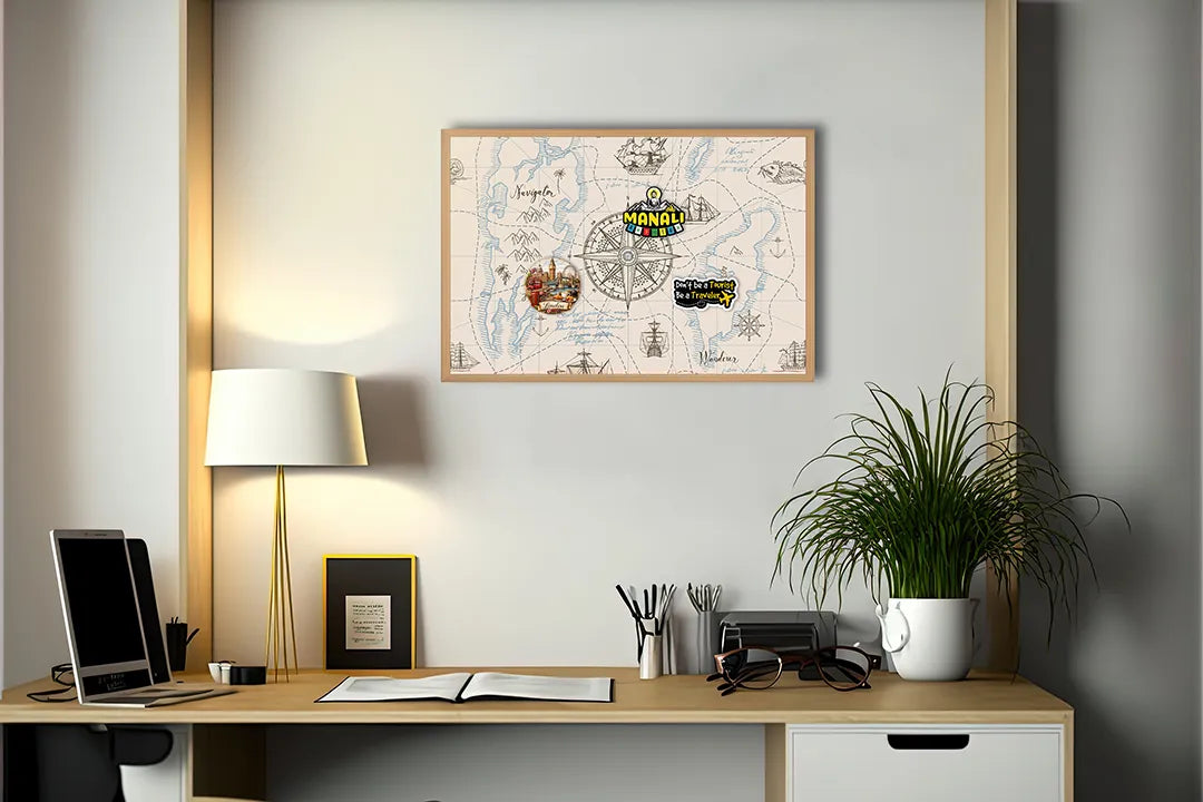 Metalen Magneetbord met afbeelding van vintage maritiem kompas met kaart in oud perkament kleuren