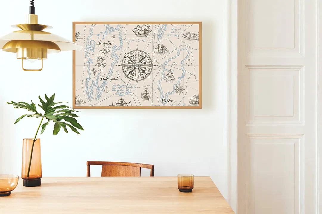Metalen Magneetbord met afbeelding van vintage maritiem kompas met kaart in oud perkament kleuren