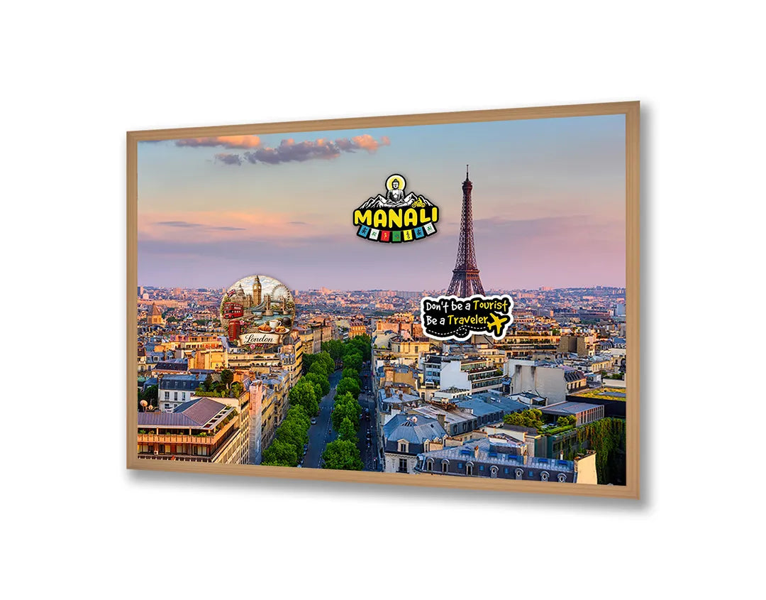 Metalen Magneetbord met afbeelding van Eiffeltoren en Parijs bij zonsondergang in warme stadsavond kleuren