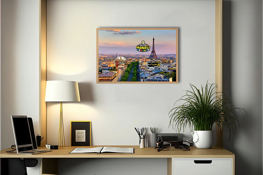 Metalen Magneetbord met afbeelding van Eiffeltoren en Parijs bij zonsondergang in warme stadsavond kleuren