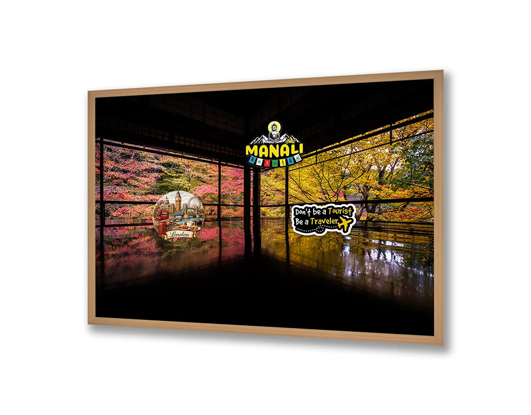 Metalen Magneetbord met afbeelding van herfstbomen gereflecteerd in het water in herfstkleuren kleuren