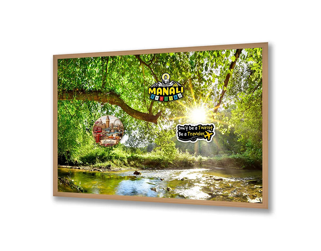 Metalen Magneetbord met afbeelding van groen bos met zonnestralen in fris bosgroen kleuren