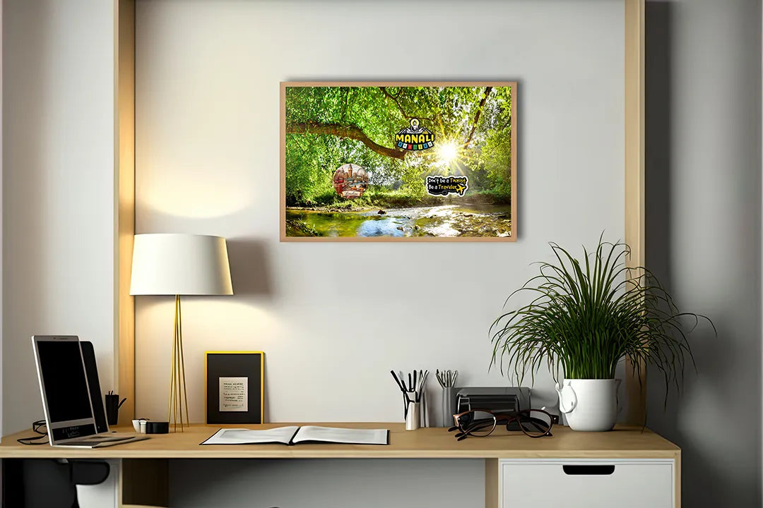 Metalen Magneetbord met afbeelding van groen bos met zonnestralen in fris bosgroen kleuren