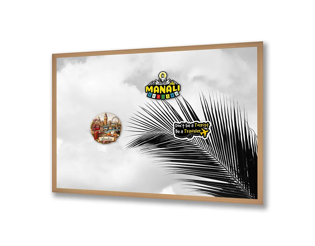 Metalen Magneetbord met afbeelding van palmblad in zwart-wit in zwart-wit kleuren