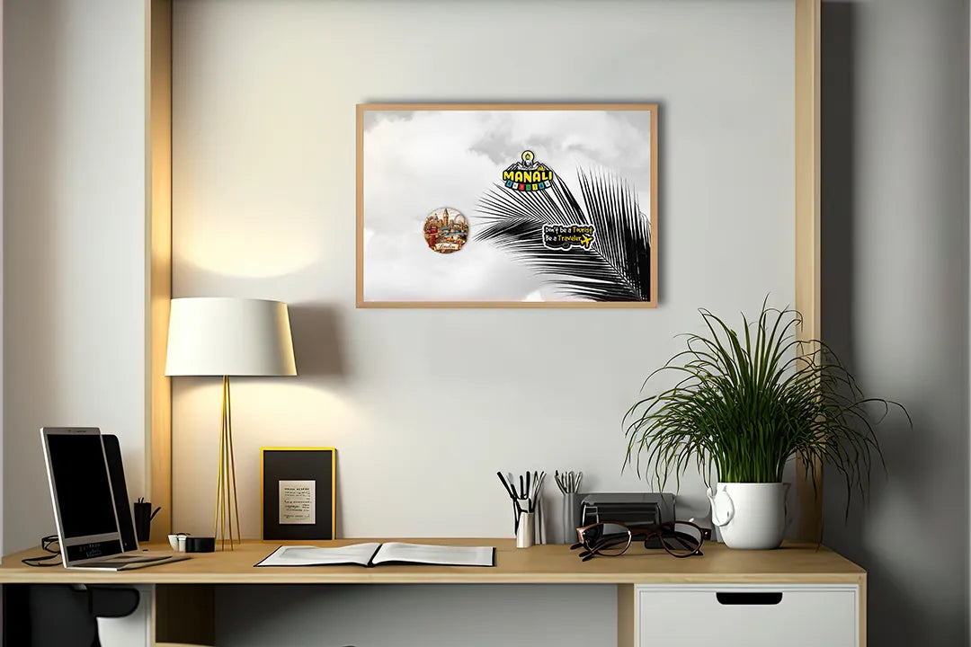Metalen Magneetbord met afbeelding van palmblad in zwart-wit in zwart-wit kleuren