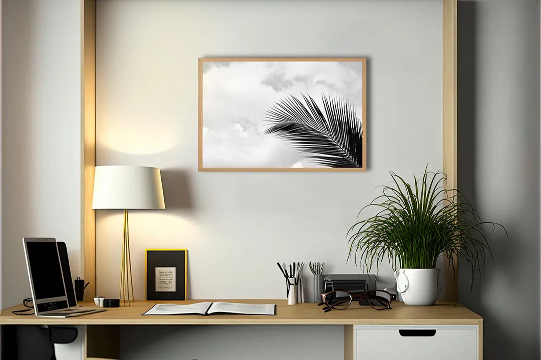 Metalen Magneetbord met afbeelding van palmblad in zwart-wit in zwart-wit kleuren