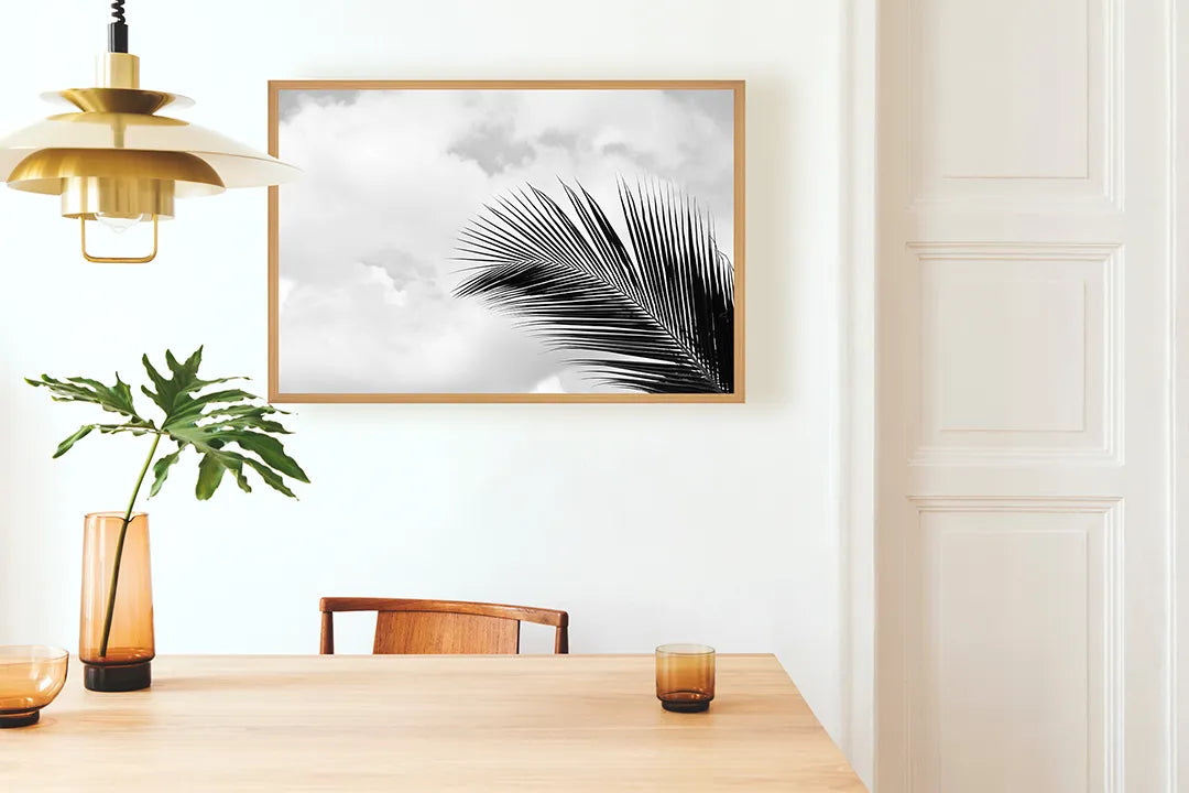 Metalen Magneetbord met afbeelding van palmblad in zwart-wit in zwart-wit kleuren