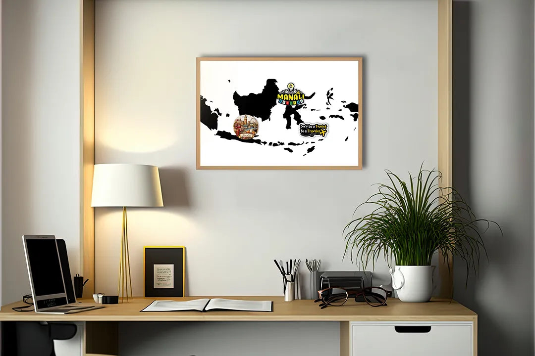 Metalen Magneetbord met afbeelding van silhouet landkaart van Indonesië in zwart op wit kleuren