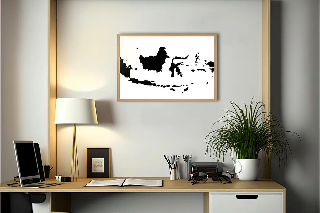 Metalen Magneetbord met afbeelding van silhouet landkaart van Indonesië in zwart op wit kleuren