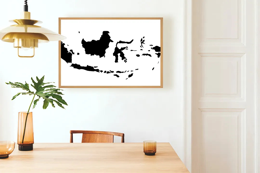 Metalen Magneetbord met afbeelding van silhouet landkaart van Indonesië in zwart op wit kleuren