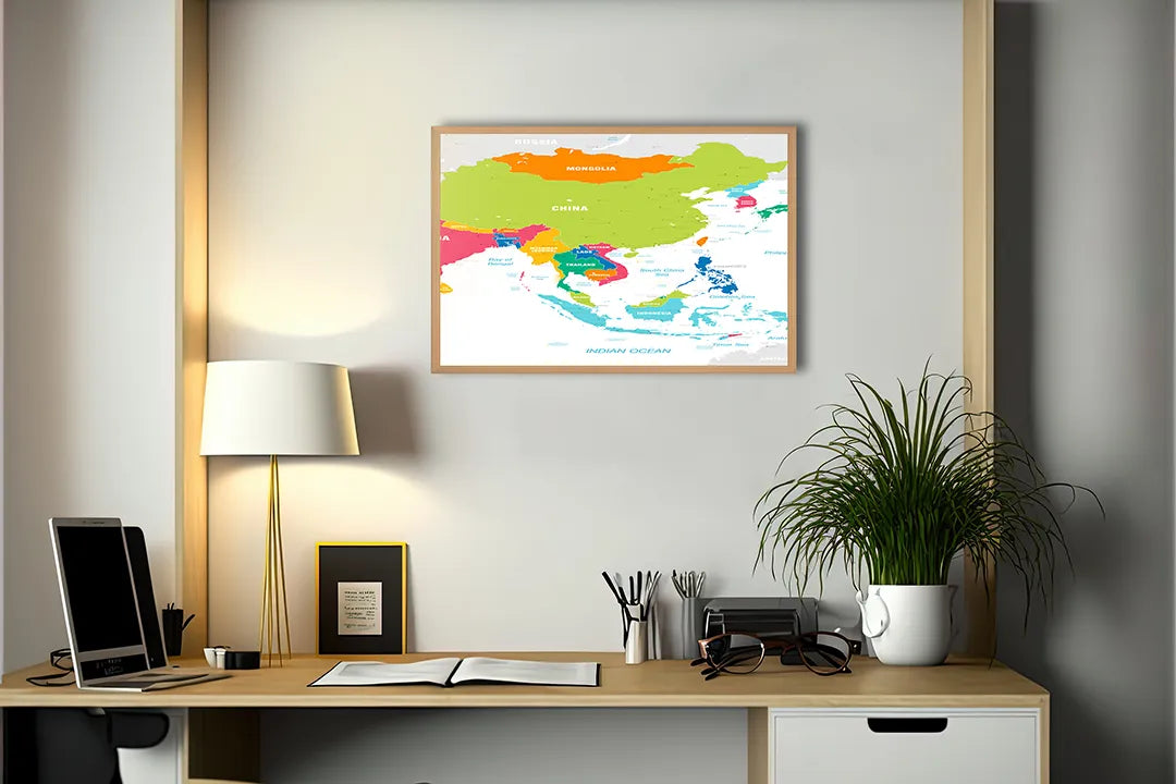 Metalen Magneetbord met afbeelding van kleurrijke landenkaart van Azië in diverse heldere kleuren kleuren
