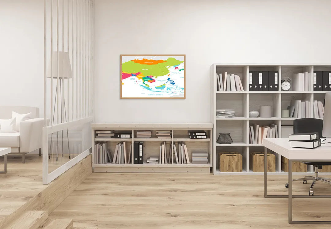 Metalen Magneetbord met afbeelding van kleurrijke landenkaart van Azië in diverse heldere kleuren kleuren