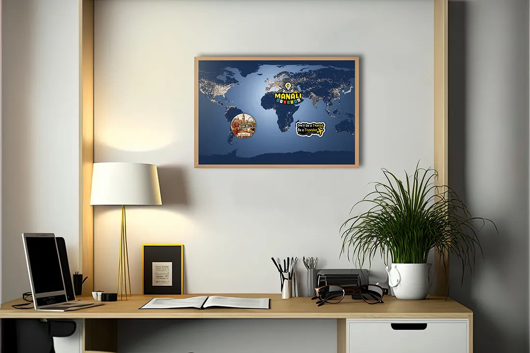 Metalen Magneetbord met afbeelding van nachtkaart van de aarde met lichtjes in nachtblauw kleuren